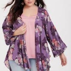PURPLE FLORAL CREPE SHIRTTAIL KIMONO